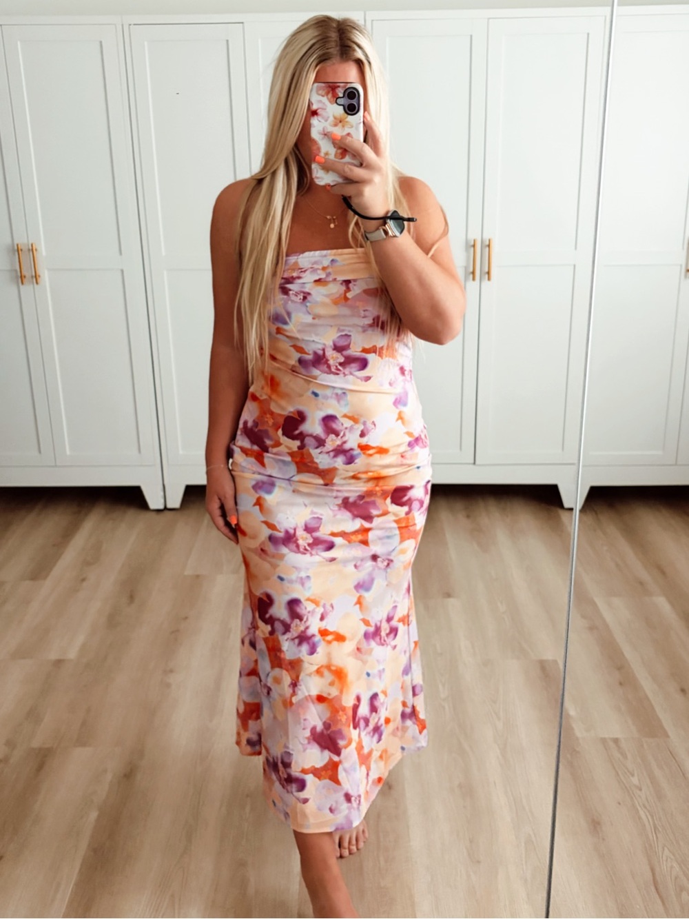 Floral Strapless Midi Dress in Peach & Purple